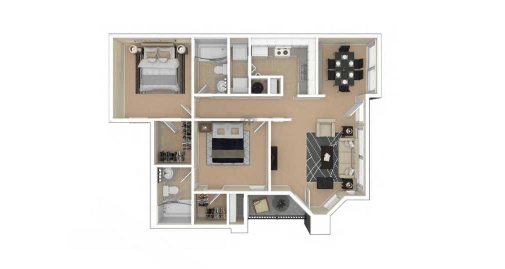 Floor plan for 2 beds, 2 baths, 926 sqft